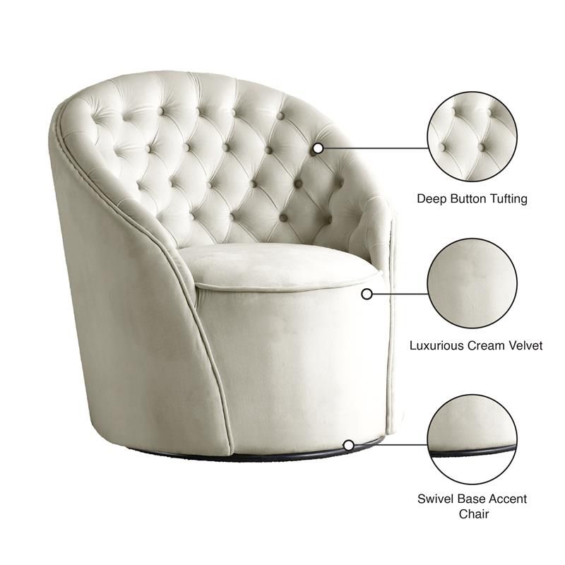 Alessio 18"H Tufted Velvet Swivel Accent Chair in Cream-Meridian Furniture, 5 of 11
