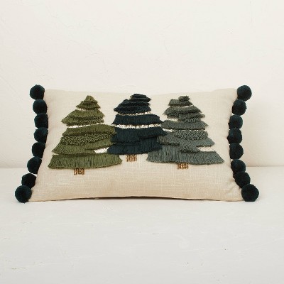 Fringed Three Christmas Trees with Pom-Poms Lumbar Throw Pillow Green - Opalhouse™ designed with Jungalow™