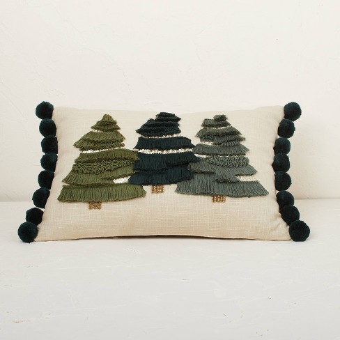 Fringed Three Christmas Trees with Pom-Poms Lumbar Throw Pillow Green - Opalhouse™ designed with Jungalow™ - image 1 of 4