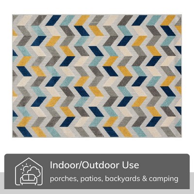 Blue and Yellow Geometric High Pile Outdoor Area Rug