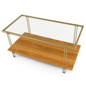 Tangkula Coffee Table Rectangle Glass Top w/ Storage Shelf & Gold Steel Frame Living Room
