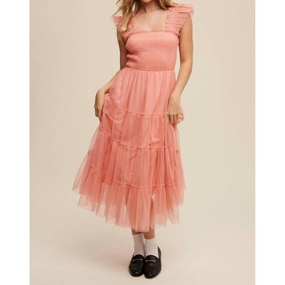 Women's Smocked Ruffle Tiered Mesh Midi Dress - Listicle