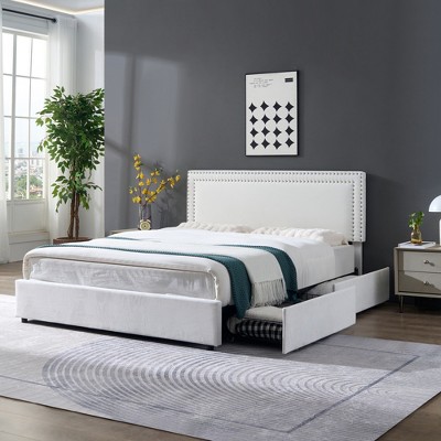 VECELO Upholstered Platform Bed Frame Platform with 4 Storage Drawers, Adjustable Velvet Rivets Headboard
