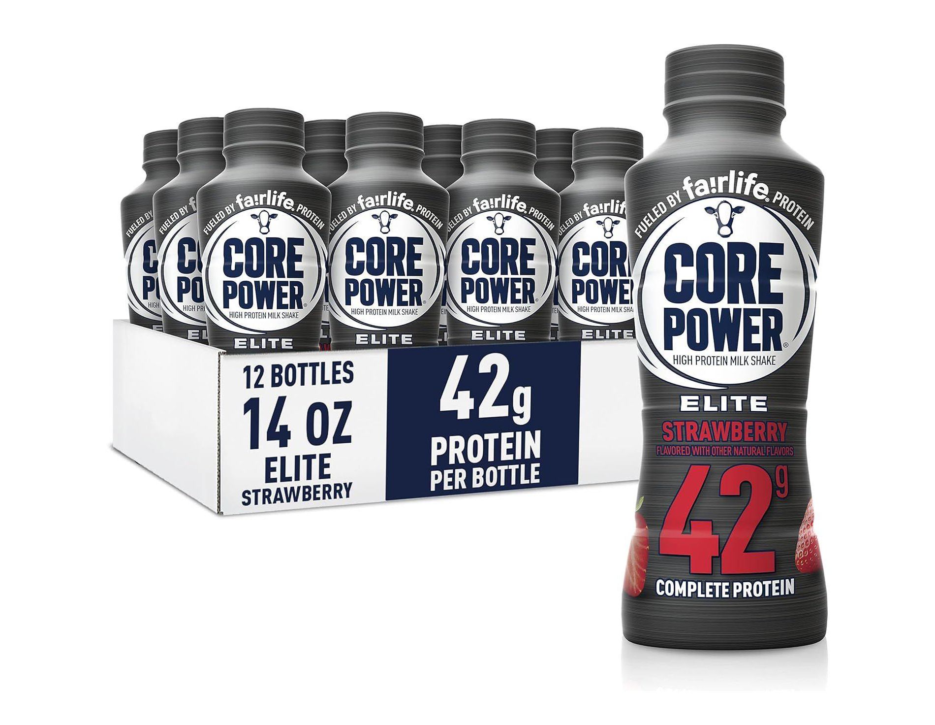 Core Power Elite Protein Shake – 42g Complete Protein 12 Pack, Strawberry Flavor, Ready-to-Drink Recovery Shake with Real Milk,14oz Bottle