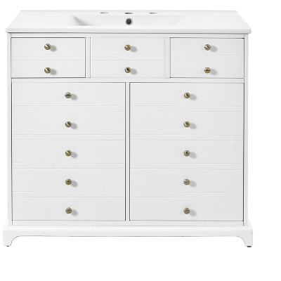 Vynxaria 36 inch Ultra White Single Sink Freestanding Bath Vanity with White Ceramic Top Two Full Extension Drawers Two Soft Close Doors