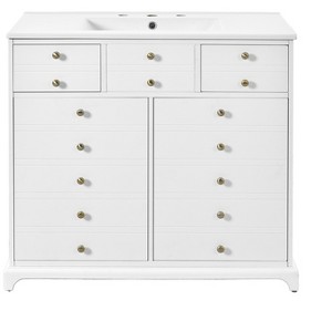 Vynxaria 36 inch Ultra White Single Sink Freestanding Bath Vanity with White Ceramic Top Two Full Extension Drawers Two Soft Close Doors - 1 of 4