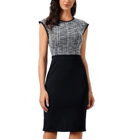 Женские платья INSPIRE CHIC Women's Tweed Crew Neck Sleeveless Patchwork Office Business Bodycon Sheath Dresses Small Black