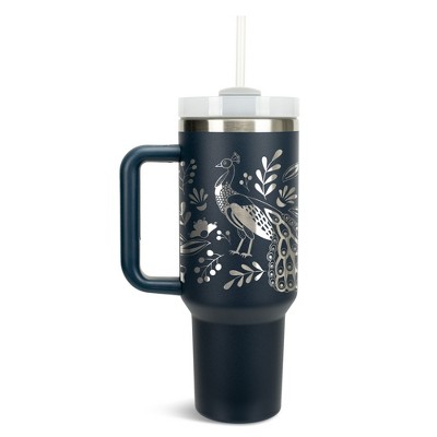 Elanze Designs Peacock Bird Flower Garden 40 oz. Stainless Steel, Large Water Bottle Coffee Mug, Spill & Leak Resistant, Thermal Travel Tumbler with