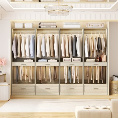 Aheaplus Closet System Organizer with Hanging Area, Freestanding Wooden Closet with Drawers