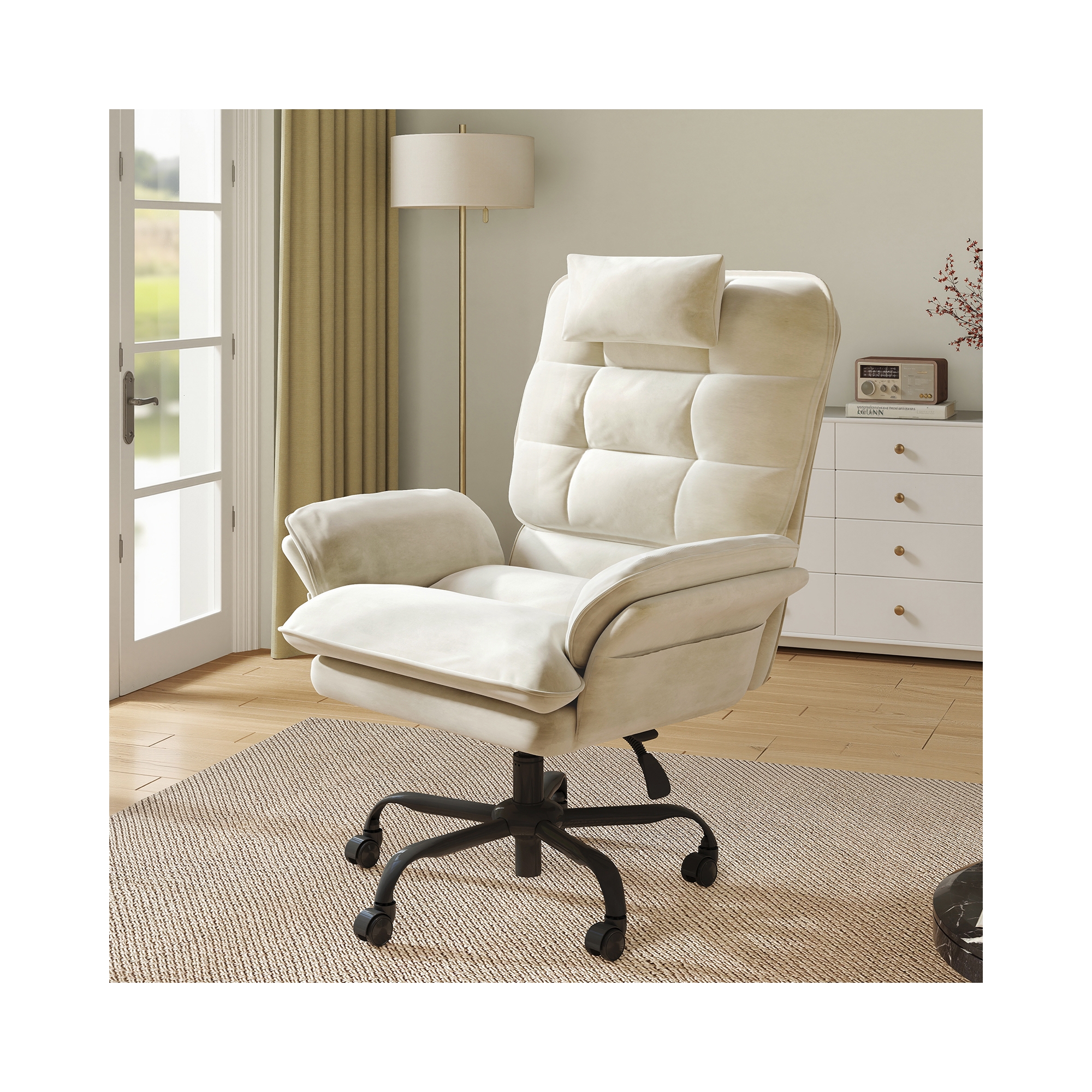 Bestier Big and Tall Executive Office Chair with Flip-Up Arms, Adjustable Height, Reclining Office Chair with Headrest & Side Pockets, Beige