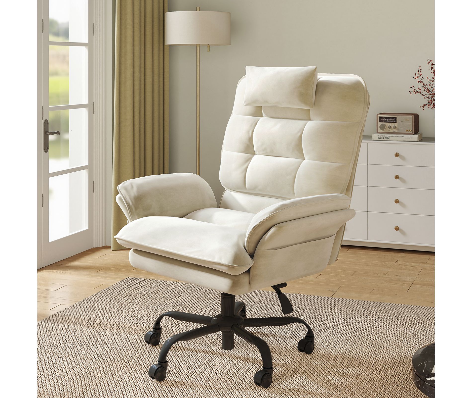 Bestier Big and Tall Executive Office Chair with Flip-Up Arms, Adjustable Height, Reclining Office Chair with Headrest & Side Pockets, Beige