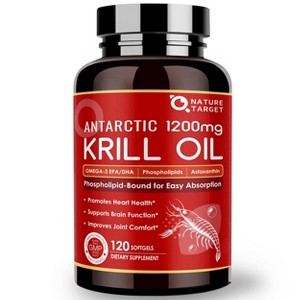 NATURE TARGET Krill Oil 1200mg – Heart/Brain/Joint Health – Omega-3 EPA/DHA, Phospholipids, Astaxanthin, Choline – 120 Softgels/60 Servings - 1 of 4