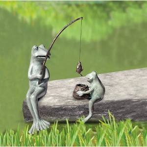 SPI Home Fishing Frog Mama and Baby Garden Sculpture – 17" Cast Aluminum Verdigris Statue for Whimsical Outdoor Decor - 1 of 3