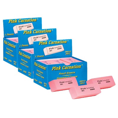 Dixon® Pink Carnation Erasers, Large, 2-9/16 X 1 X 7/16, 12 Per Pack, 3 ...