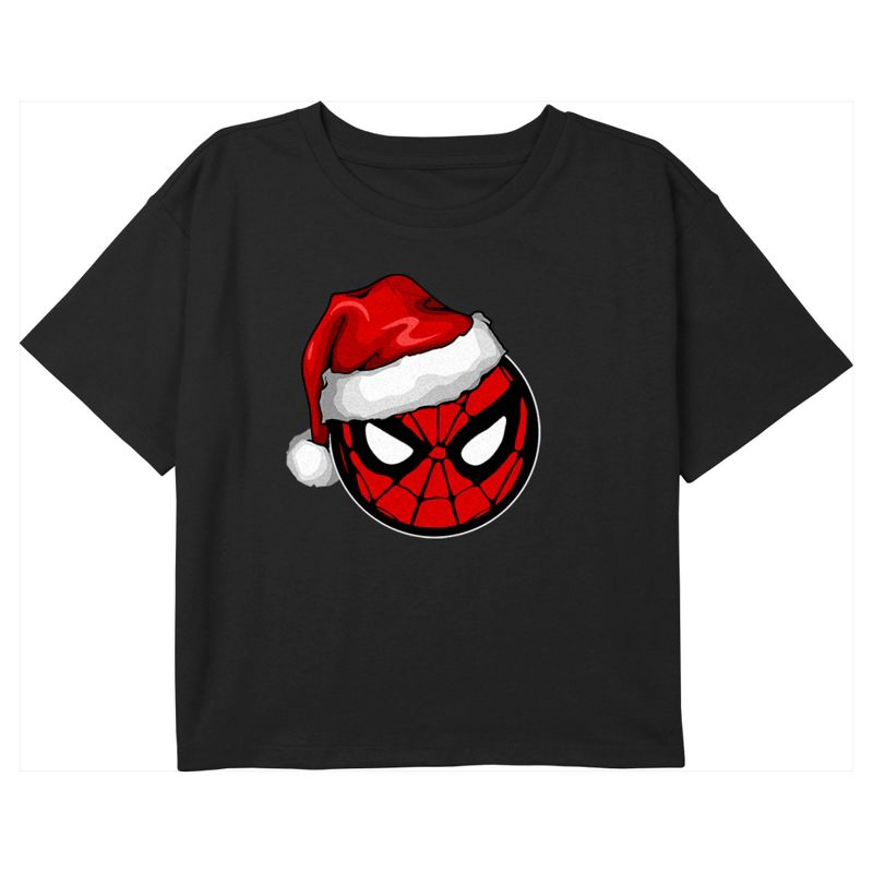 Girl's Marvel Christmas Spider-Man Santa Hat Crop T-Shirt, 1 of 4