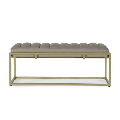 Riebe Contemporary Handmade Channel Stitch Ottoman Bench Dark Cream/Matte Gold - Christopher Knight Home: Artisan Crafted, Iron Sled Base