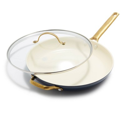 Twilight Blue Ceramic Nonstick 12" Frypan with Gold Handle and Lid
