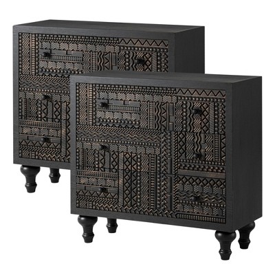 COZAYH Farmhouse 3 Drawer Home Dresser with Geometric Pattern, Black, Set of 2