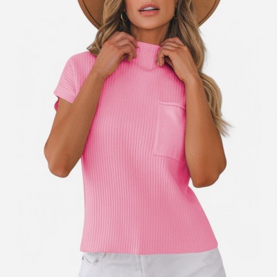 Amaryllis Women's Ribbed Knit Mock Neck Sleeveless Sweater Relaxed Fit with Front Pocket Chic and Cozy Transitional Layer