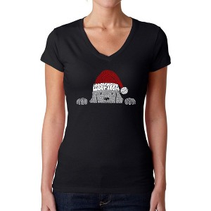 LA Pop Art Christmas Peeking Dog - Women's Word Art V-Neck T-Shirt - 1 of 4