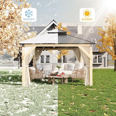 12 x 12 FT Hardtop Gazebo – Wood Grain Double Roof, Galvanized Steel, with Netting & Curtains, Khaki