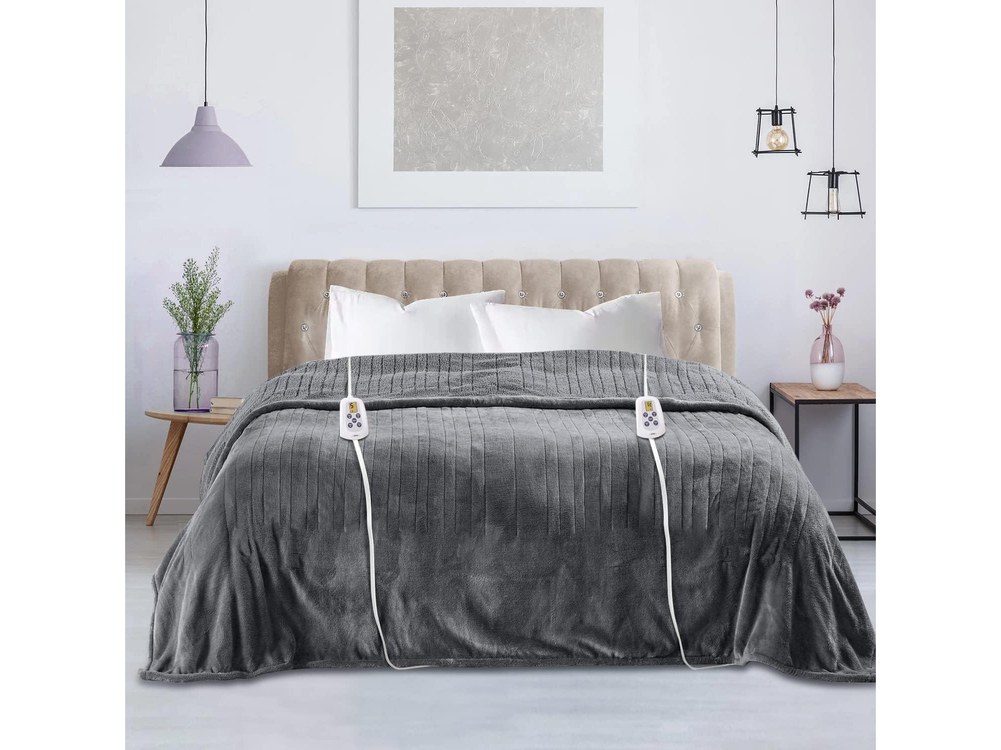 HEYNEMO Electric Heated Blanket King Size Dual Control, 10 Heating Levels 89°F-108°F, 1-12H Auto Off,Warm Heated Blanket Grey