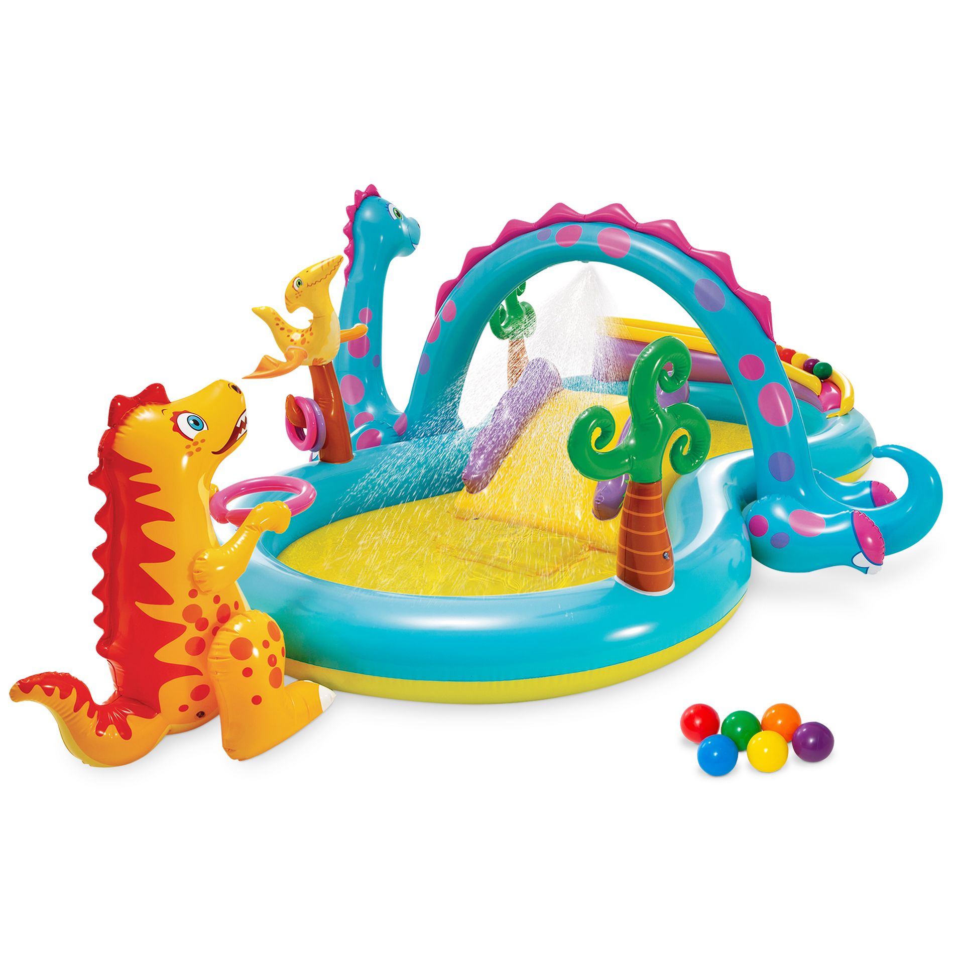 Intex 11ft x 7.5ft x 44in Dinoland Inflatable Kiddie Swimming Pool with Slide, Dino Arch Water Sprayer and Games for Ages 2+