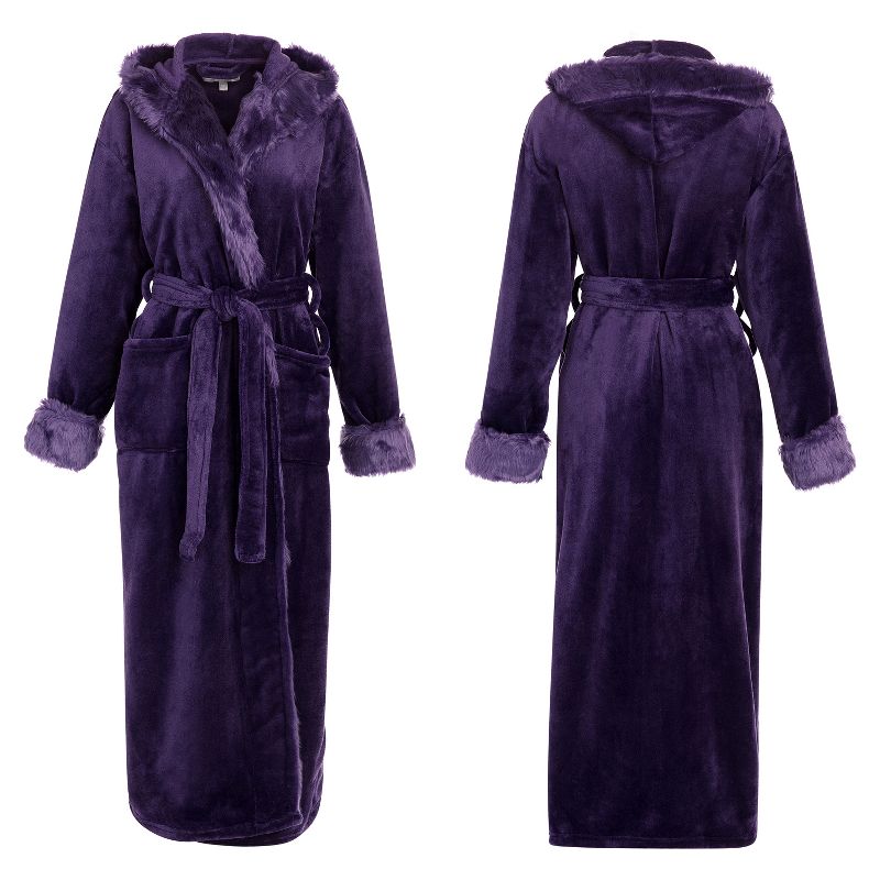 Women's Faux Fur Feather Hooded Robe, Soft Plush Fleece Knee Length Bathrobe with Hood, 4 of 5