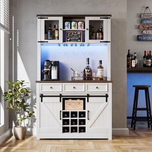 72 Inch Farmhouse Coffee Bar Cabinet with Wine Glass Rack, Large Kitchen Hutch with 3 Drawers and Sliding Barn Door, Tall Storage Cabinet for Home Bar - 1 of 4