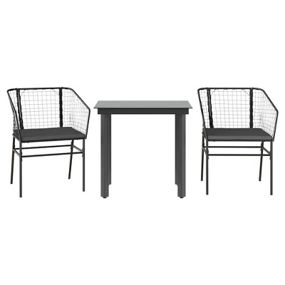 vidaXL 3 Piece Patio Dining Set - Black Poly Rattan Furniture with Cushions & Glass Tabletop- Perfect for Outdoor