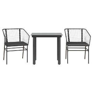 vidaXL 3 Piece Patio Dining Set - Black Poly Rattan Furniture with Cushions & Glass Tabletop- Perfect for Outdoor - 1 of 4