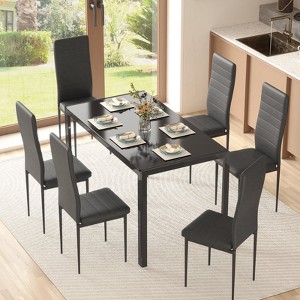 EROMMY Ebern Designs 7-piece Glass Top Dining Table Set, Kitchen Table And 6 Luxury Faux Leather Chairs,Black - 1 of 4