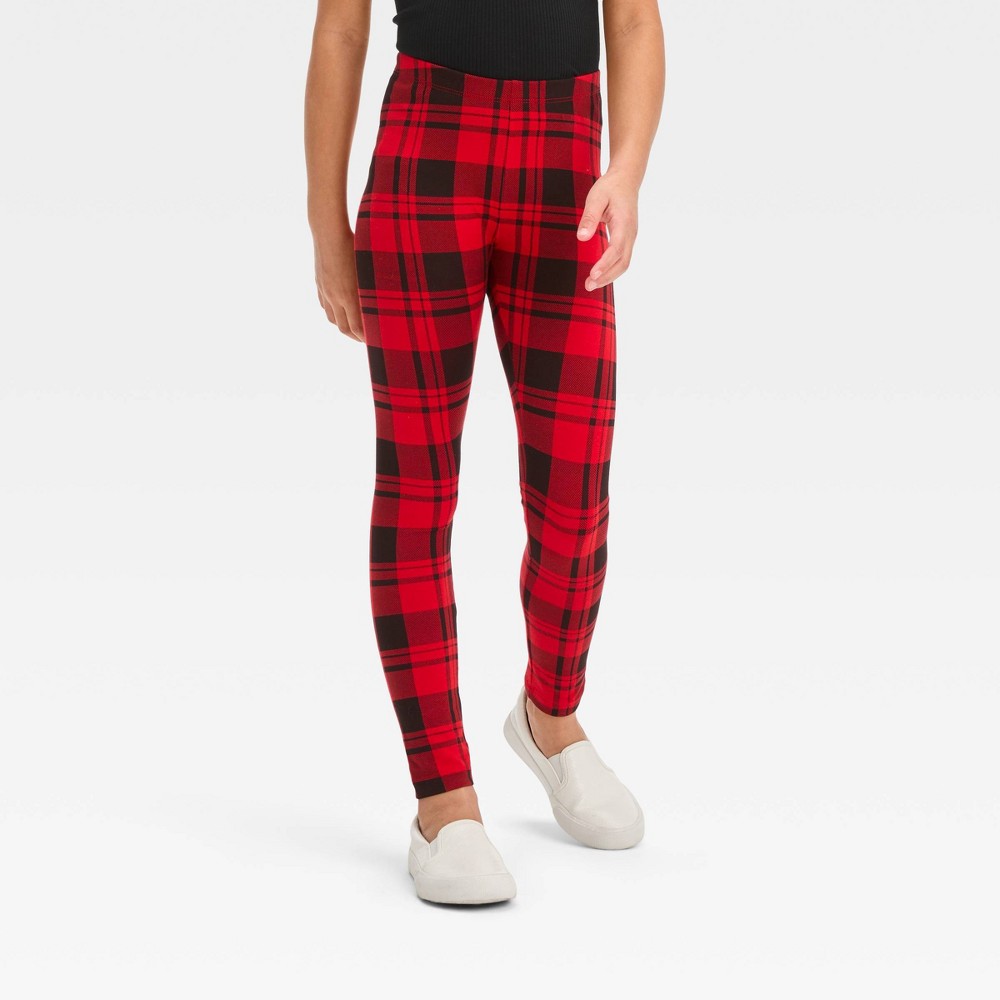 Girls' Holiday 'Plaid' Leggings - Cat & Jack™ Dark Red S pack 3 