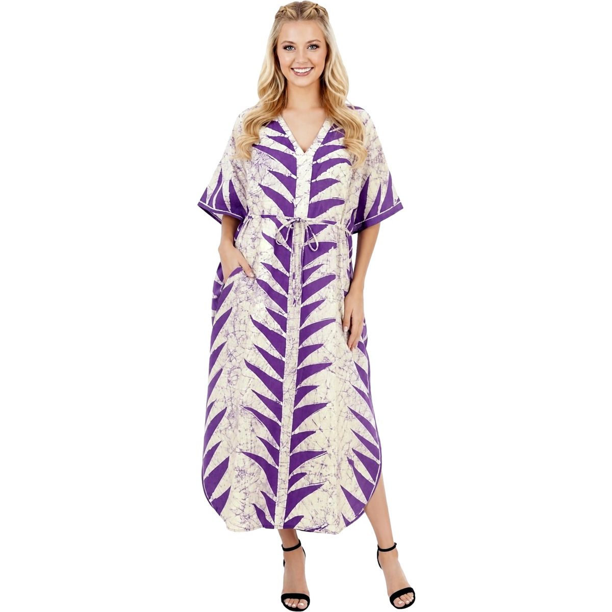 LA LEELA Summer Cotton Comfortable Caftan Dress for Women Resortwear Vacation Cruise Holiday Lounge Wear 2X-3X Purple Leaf