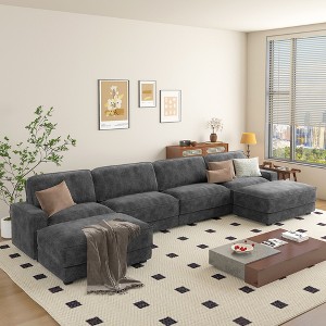 Dyonery 160" U-Shaped Modular Sectional Sofa,Oversized Cloud Couch with Movable Ottoman,6-Seat Chenille Deep Seat Sofa with Pillow,Sectional Couches - 1 of 4