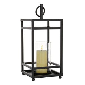 Olivia & May 18.5" x 8" Round Glass/Metal Candle Holder Black: Traditional Style, Matte Finish, Tabletop Lantern - 1 of 4