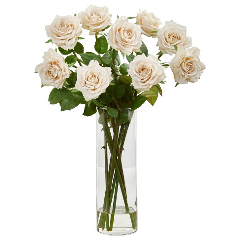 Nearly Natural Rose Artificial Arrangement in Cylinder Vase, Champagne - image 1 of 4