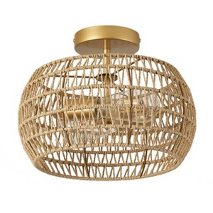Dewdrop Boho Rattan Semi Flush Mount Ceiling Light, Gold Farmhouse Woven Rope Fixture for Bedroom Living Room - 1 of 4