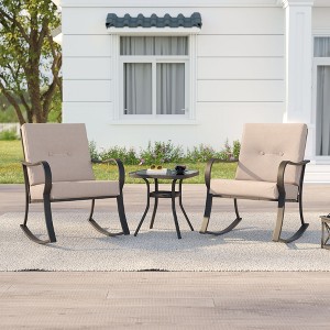 Sonkuki 3 Pieces Patio Bistro Set, Outdoor Funiture Set with 2 Rocking Chairs, Tempered Glass Top Coffee Table and Cushion - 1 of 4