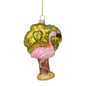 Northlight 4" Pink Flamingo with Palm Tree Glass Christmas Ornament - 1 of 4
