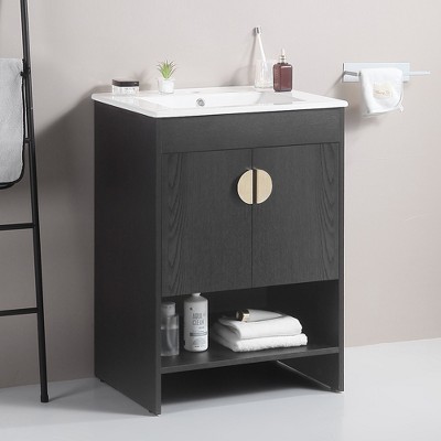 ALEXOUN Free-Standing Bathroom Vanity with White Ceramic Basin and 2 Soft Close Cabinet Doors & a Lower Open Shelf for Small Space