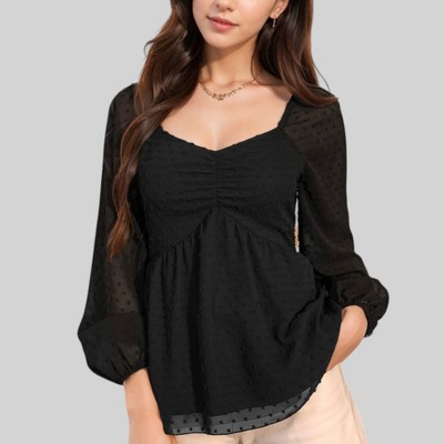 Anna-Kaci Women's Swiss Dot Long Sleeve Blouse with Ruched Front and Peplum Hem