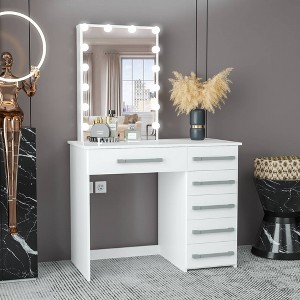 Turan Makeup Vanity White - Boahaus: Desk with 6 Drawers, Unlit Mirror, Modern Design, 59.63"H - 1 of 3