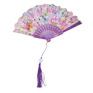 Unique Bargains Rose Print with Tassel Folding Fan 1 Pc - 1 of 4