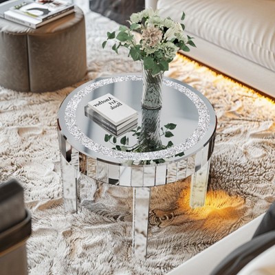 Artloge 23.62in Luxury Mirrored Round End Table with Crystal Diamonds Inlay Bedside Table