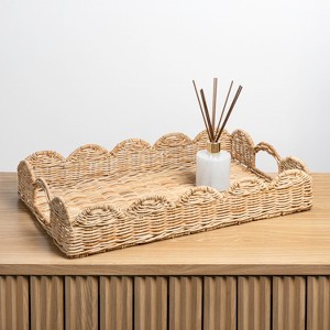 happimess Scalloped 21.5" Southwestern Cottage Hand-Woven Rattan Tray with Handles - 1 of 4
