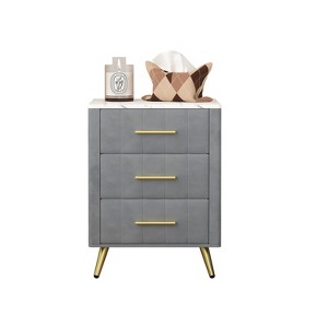 Gulches Upholstered Nightstand with 3 Drawers, Grey Velvet Bedside Table with Marbling Top, Metal Legs & Handles for Bedroom Living Room - 1 of 4