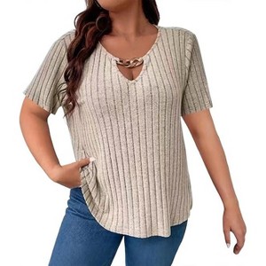 Coolmee Women's Loose Short Sleeve Pullover T Shirt Summer V Neck Dressy Work Tunic Blouses - 1 of 4