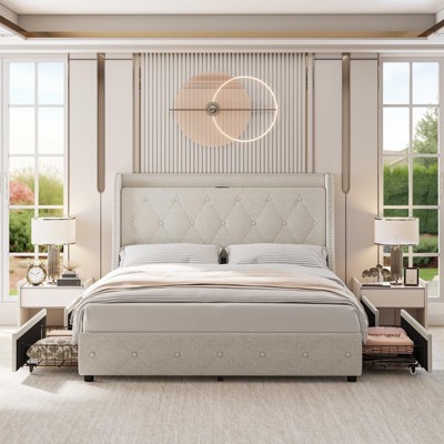 Full Bed Frame, Linen Upholstered Bed Frame with 4 Storage Drawers, Charging Station, Metal Platform Bed Frame