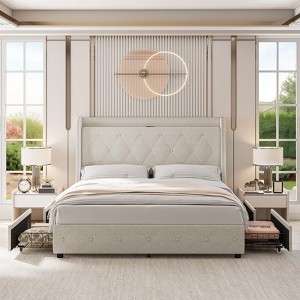 Full Bed Frame, Linen Upholstered Bed Frame with 4 Storage Drawers, Charging Station, Metal Platform Bed Frame - 1 of 4